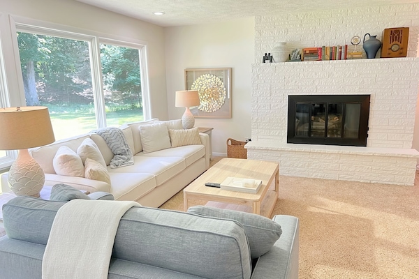 Smart TV, chimenea y libros