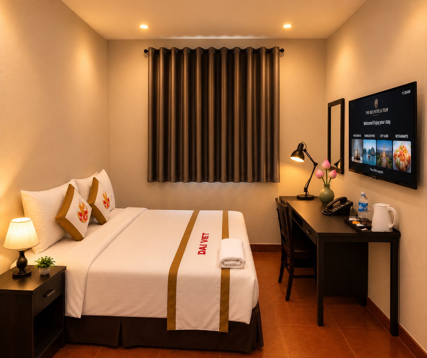 A hotel room with a bed, a desk, a chair, a nightstand, a lamp, a vase with flowers, a wall-mounted TV, and a curtain.