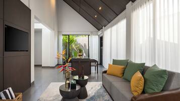 Luxury Villa, 2 Bedrooms, Lagoon View | Living area | 45-inch LED TV with satellite channels