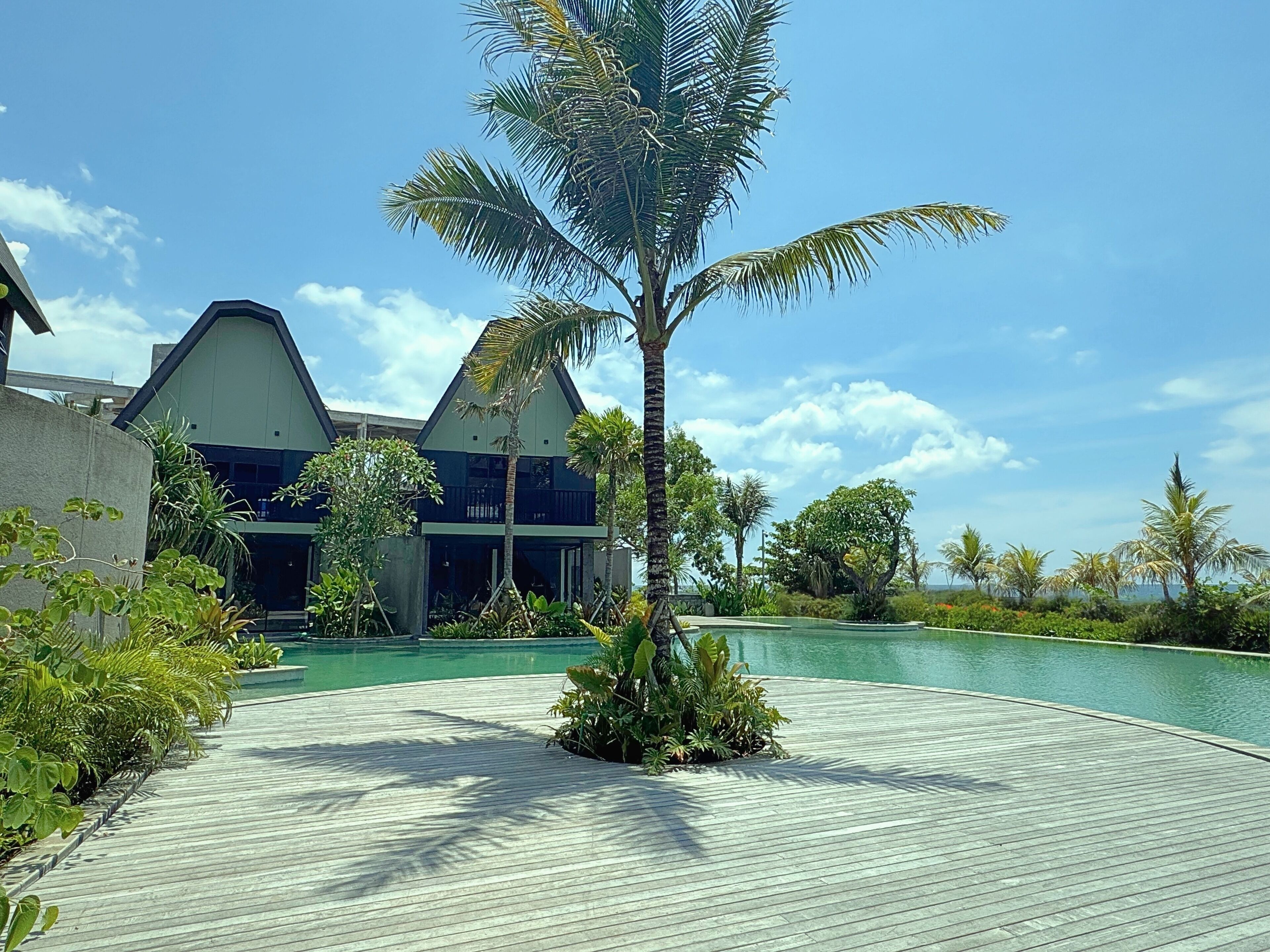 A resort with a pool, palm trees, and a building with a modern design.