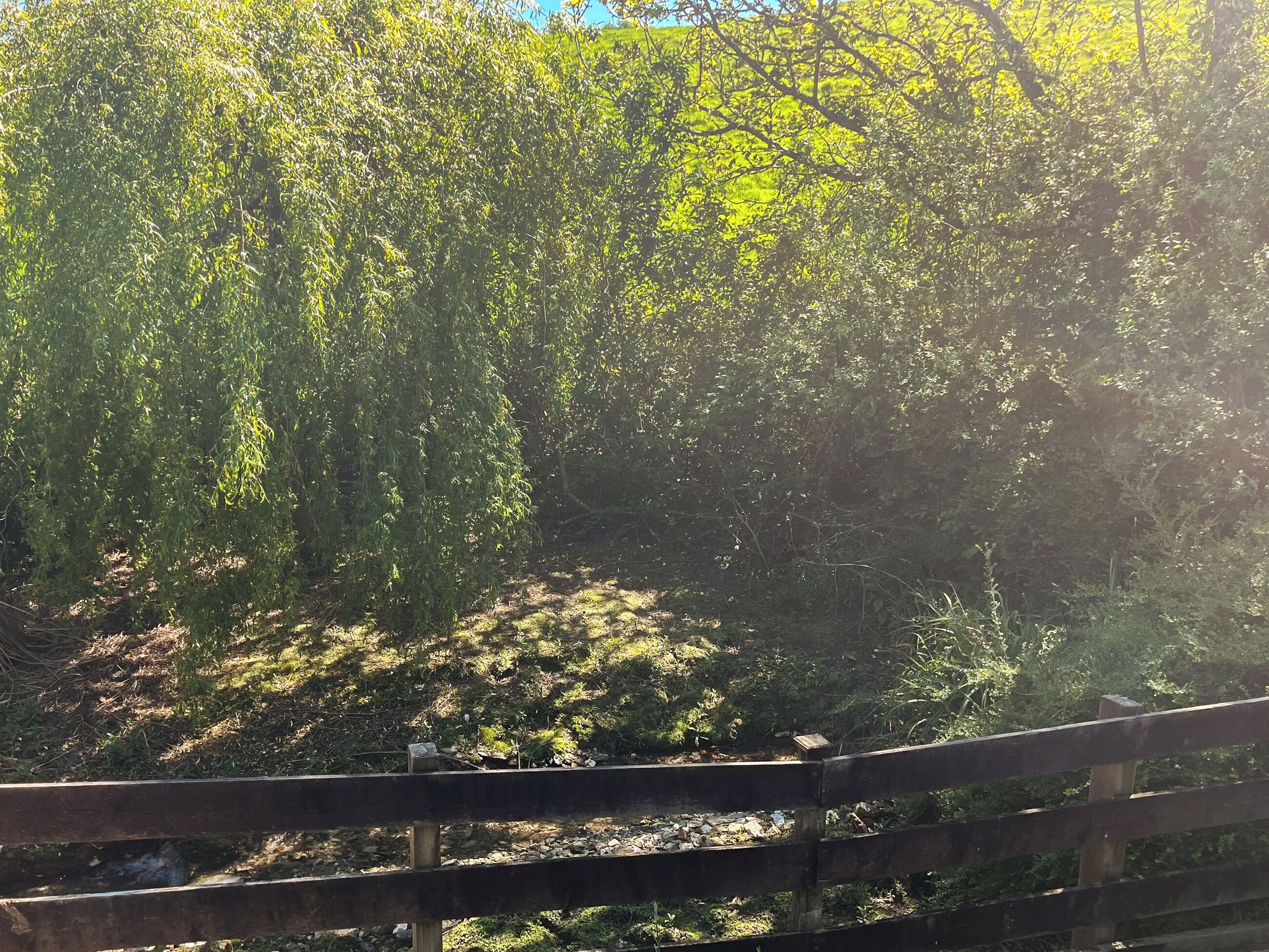 Een houten hek met een natuurlandschap op de achtergrond.