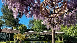 Een zwembadgedeelte met houten banken, parasols en een pergola met paarse bloemen.