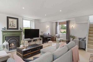 Fernseher, Kamin, Bücher, Stereoanlage