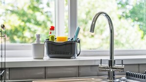 Ein Küchenspülbecken mit Wasserhahn, ein Fenster mit Blick auf Grünflächen, sowie eine Seifenspender und ein Zahnbürstenhalter auf dem Fensterbrett.