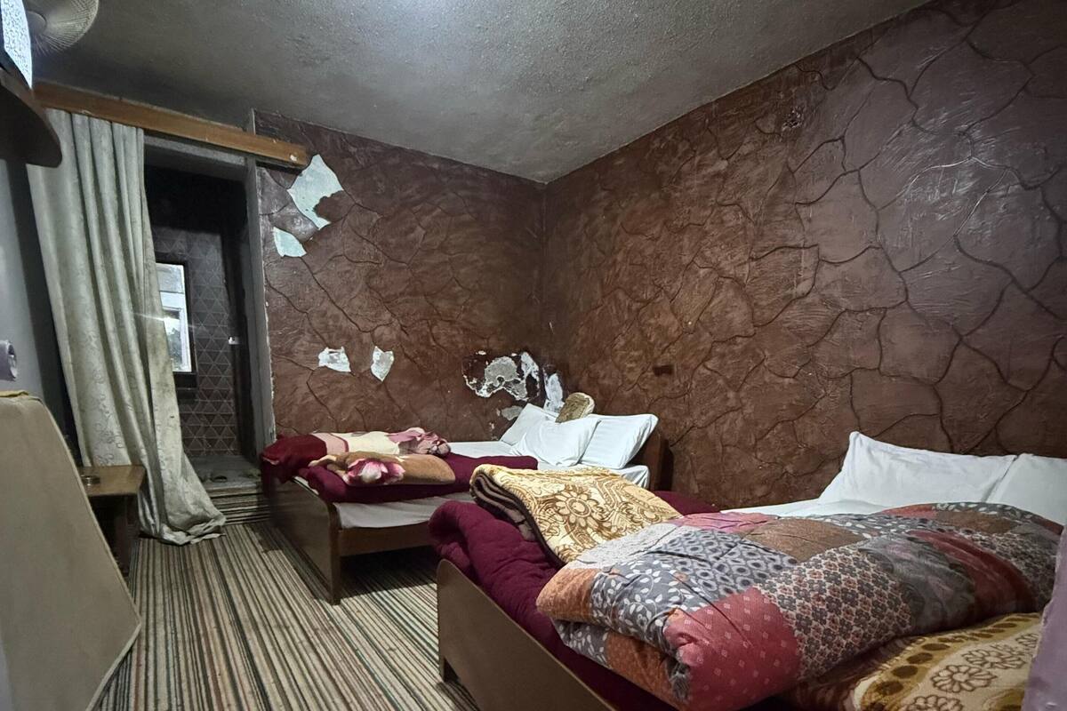 A room with two beds, a ceiling fan, and a patterned carpet.