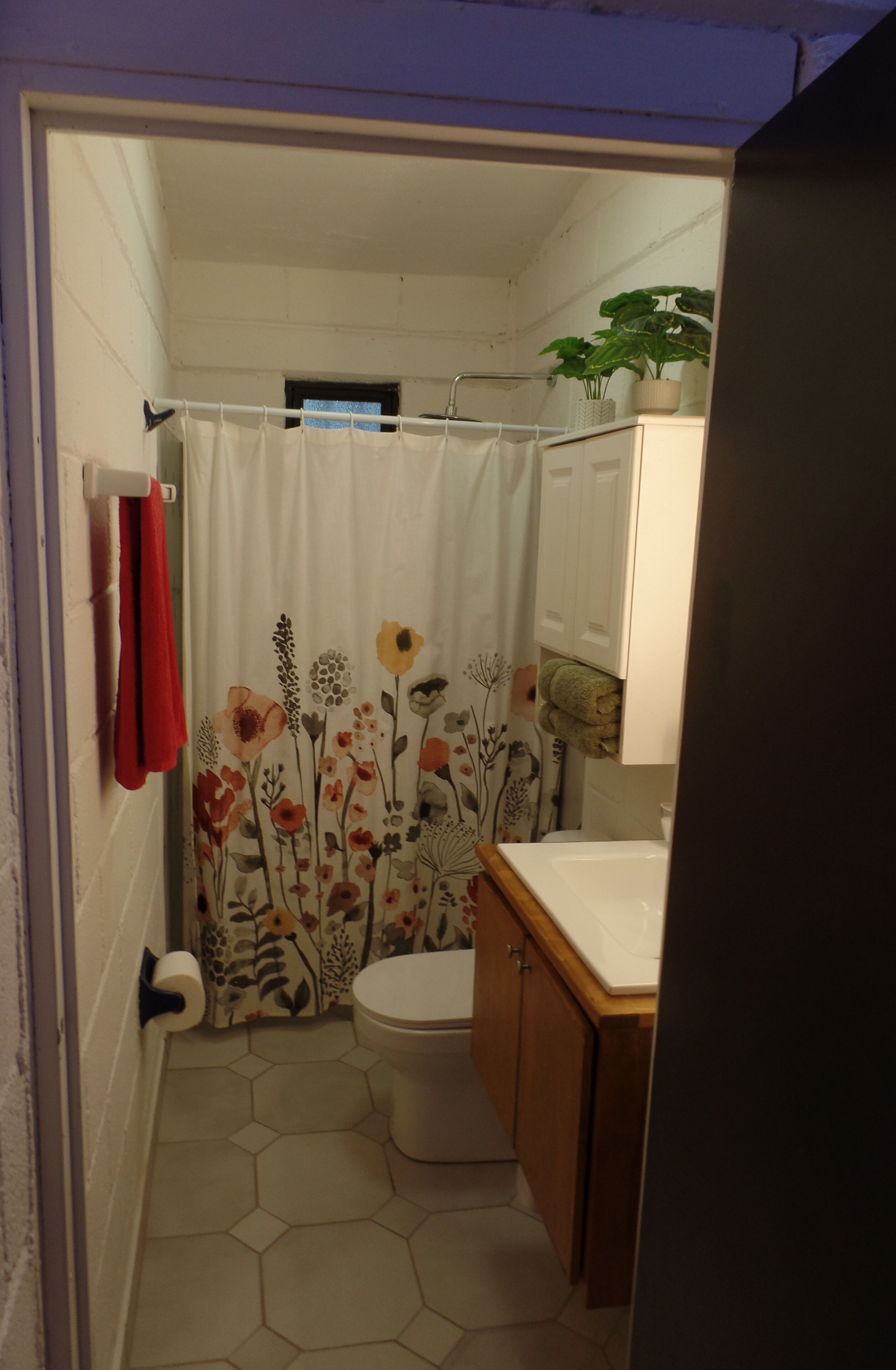 A small bathroom with a toilet, a sink, and a shower curtain with a floral pattern.