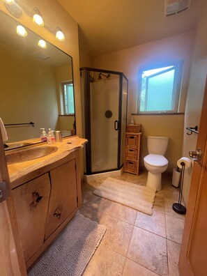 A bathroom with a shower, toilet, sink, and mirror. - Beautiful, peaceful mountain view cabin. (Arlington)