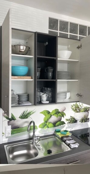 Kühlschrank, Mikrowelle, Herdplatte, Geschirrspüler