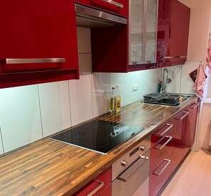 Frigorífico, microondas, horno y placa de cocina