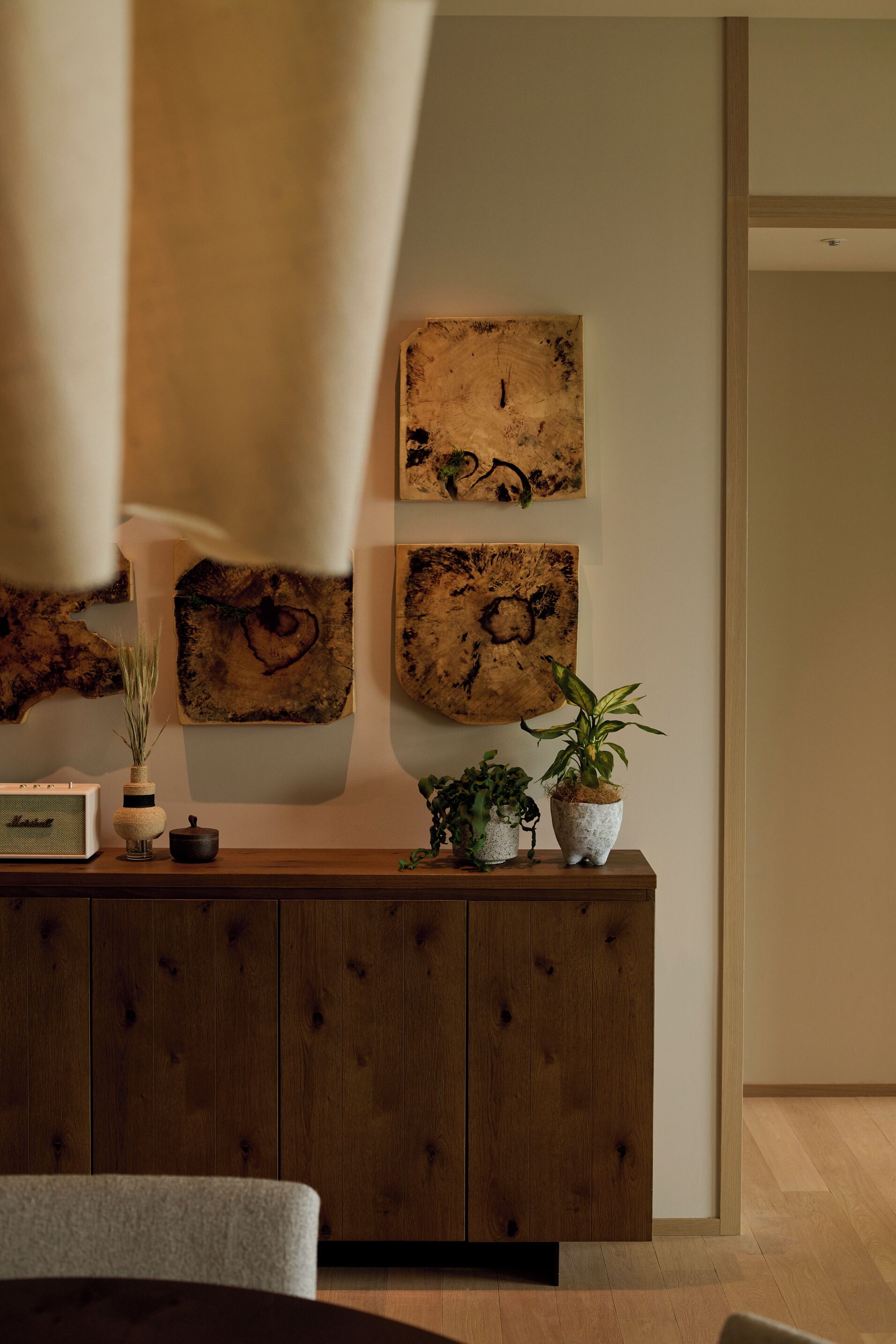 Un mueble de madera con una radio y dos plantas en macetas.