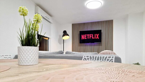 Una sala de estar moderna con un sofá gris, un tapete decorativo blanco, una planta en maceta y un televisor montado en la pared que muestra el logo de Netflix.