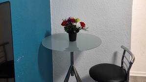 A small dining area with a glass table, a black chair, and a potted plant with flowers.