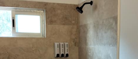 Hair dryer, towels, soap, toilet paper