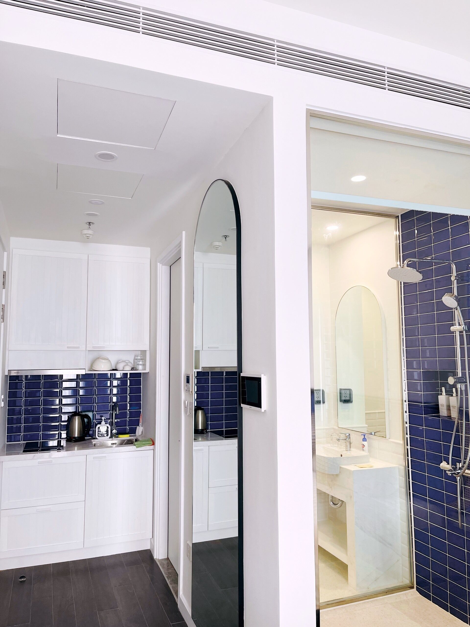 A modern bathroom with a shower, a mirror, and a sink.