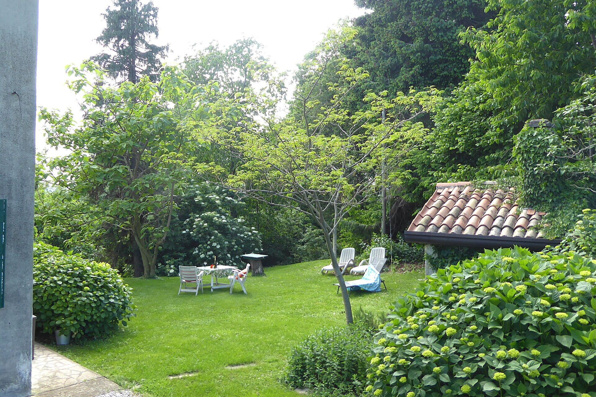 A lush garden with a patio area featuring a table and chairs, surrounded by dense greenery and trees.