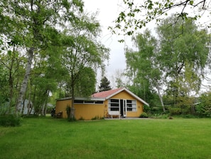 A small yellow house with a red roof, surrounded by a grassy yard and trees.