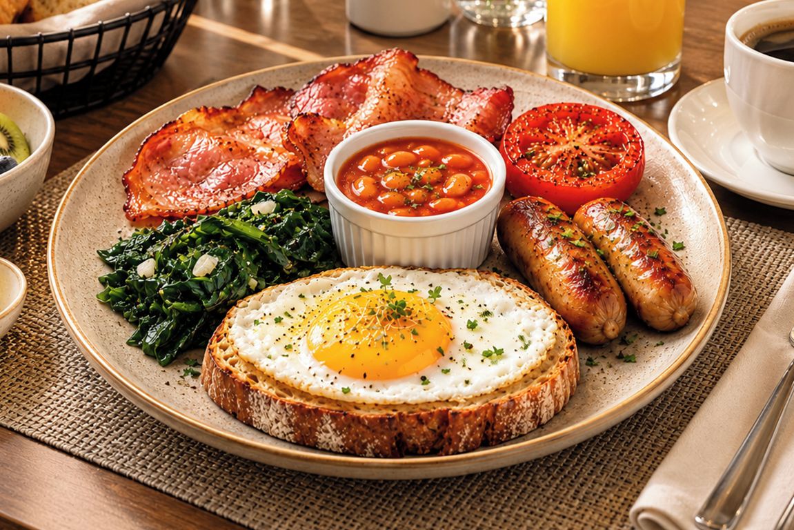 A breakfast plate with eggs, bacon, sausages, beans, tomato, and greens.