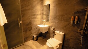 Une salle de bain avec une douche à parois de verre, un lavabo blanc, des toilettes et un miroir.