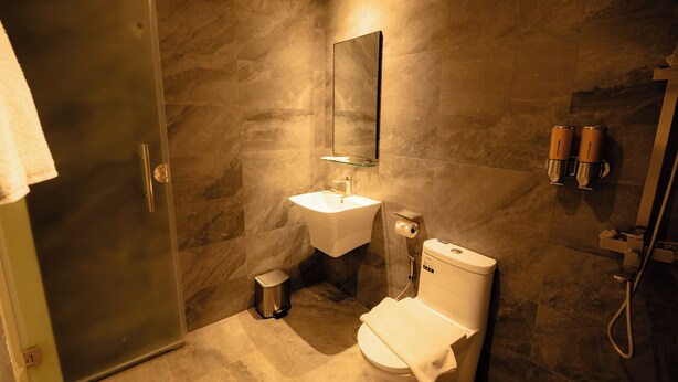 Ein Badezimmer mit Duschkabine aus Glas, einem weißen Waschbecken, einer Toilette und einem Spiegel.
