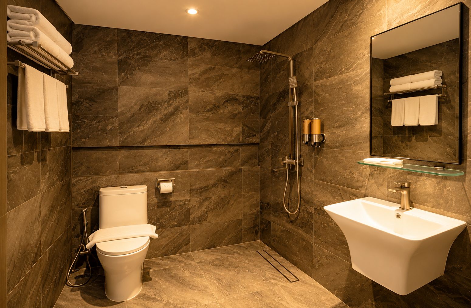 Un baño moderno con inodoro, repisa de vidrio, lavabo y ducha.
