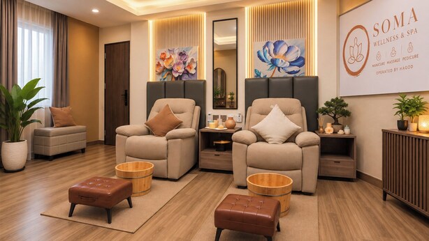 Une salle de spa moderne équipée de deux fauteuils inclinables, d’une table de massage et d’un comptoir d’accueil.