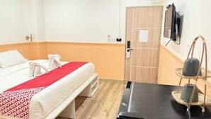 Una habitación de hotel con una cama, un escritorio, un televisor y un armario.