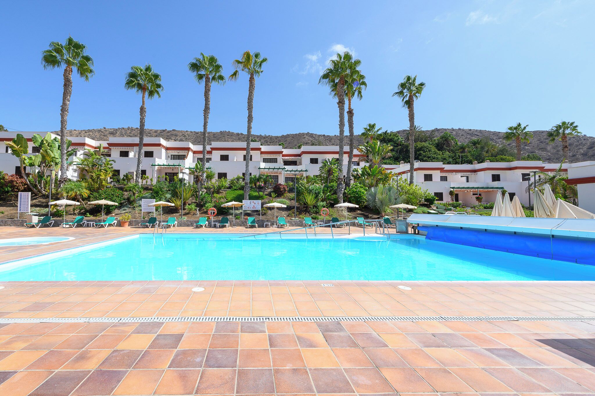 A swimming pool with lounge chairs and umbrellas, surrounded by palm trees and a building with a red roof.