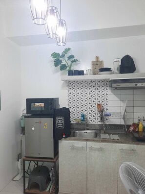 Fridge, microwave, stovetop, cookware/dishes/utensils