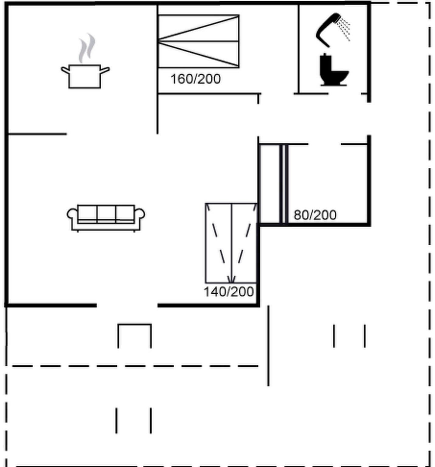 Planta baixa com cozinha compacta, banheiro, área de estar e uma porta.