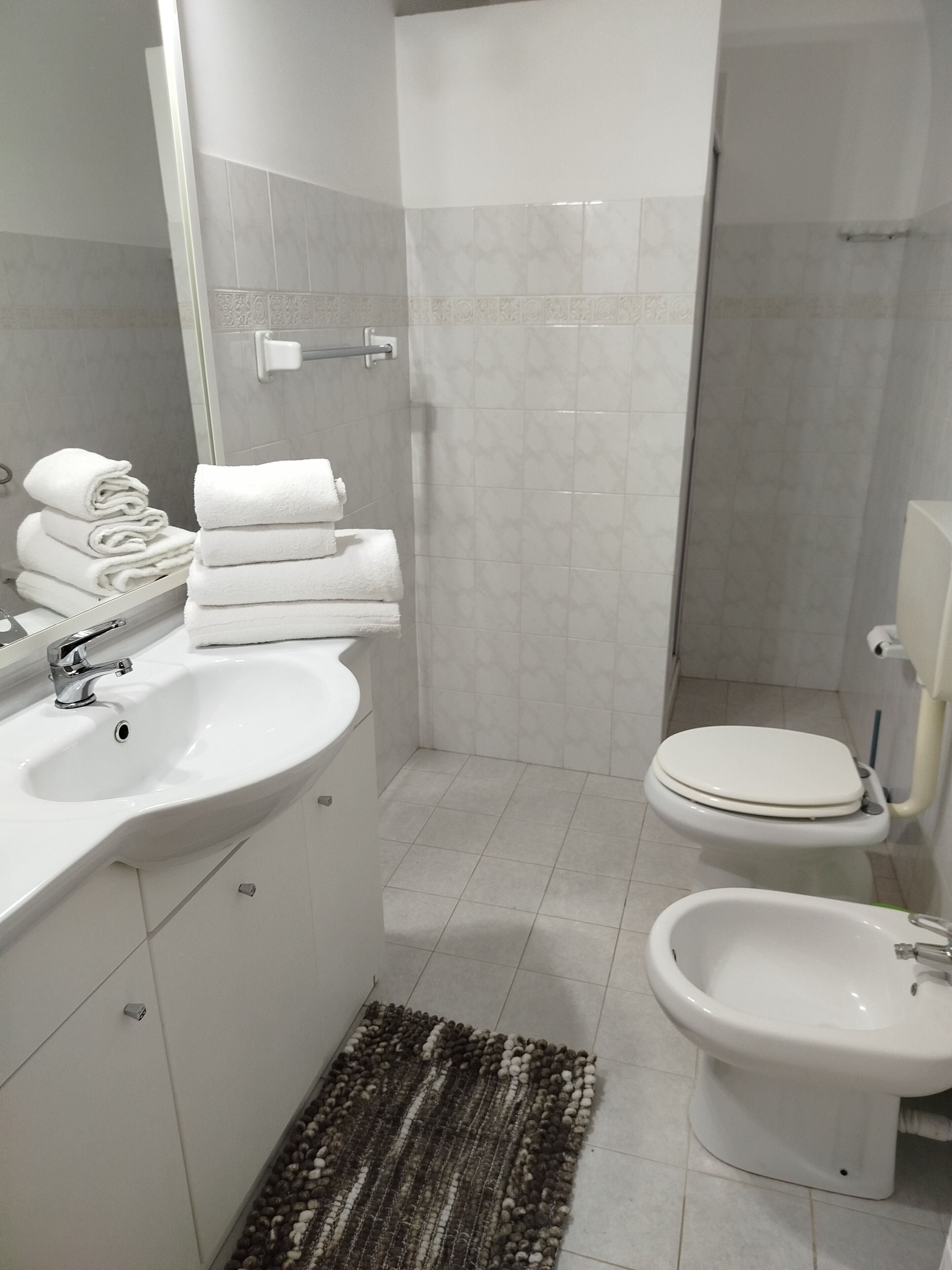 A modern bathroom with a sink, toilet, bidet, and a shower area.