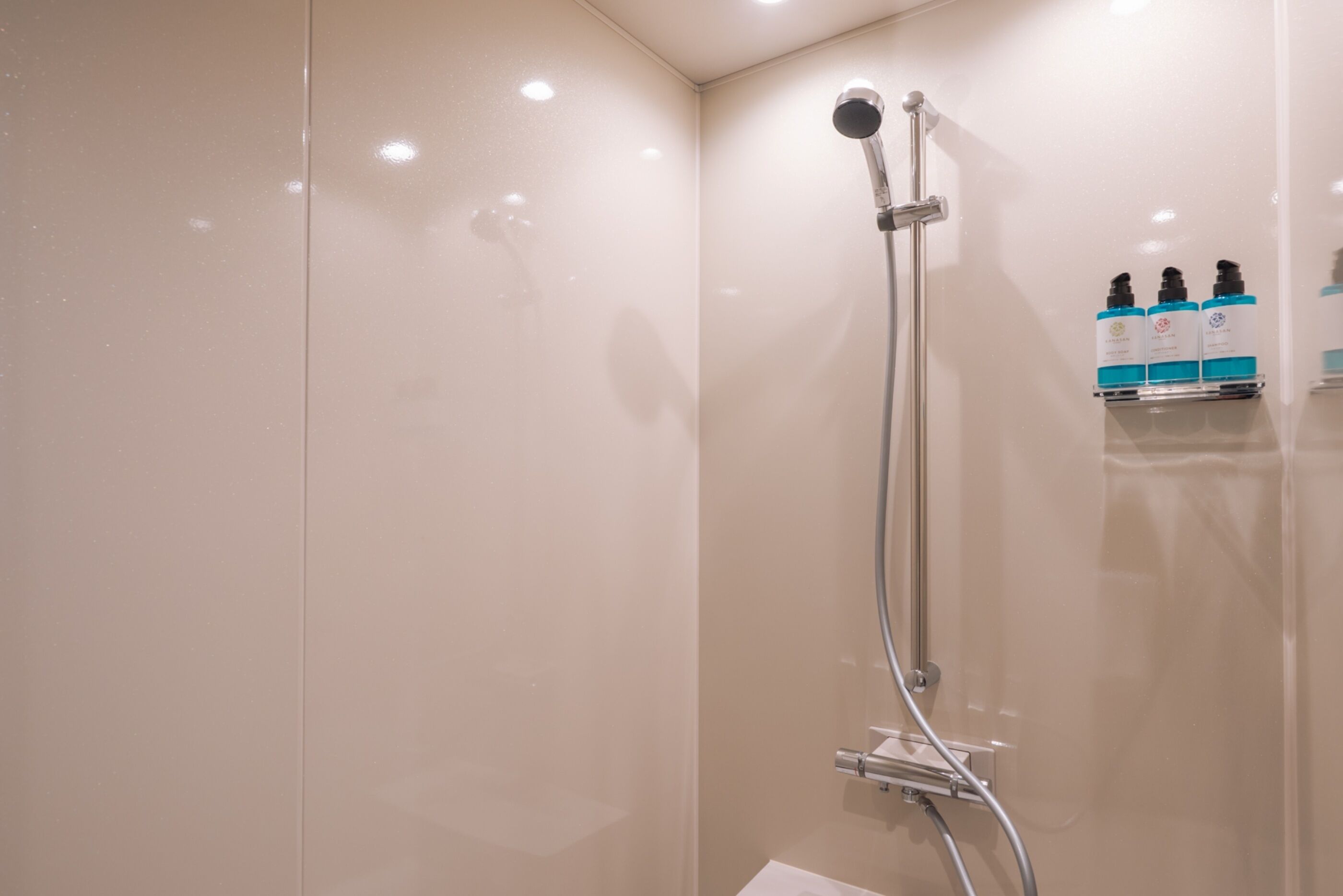 A shower with a handheld showerhead, a wall-mounted control panel, and a shelf with toiletries.