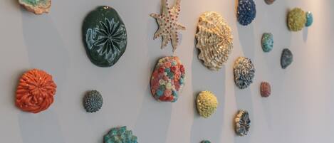 A collection of textured objects on a plain background.