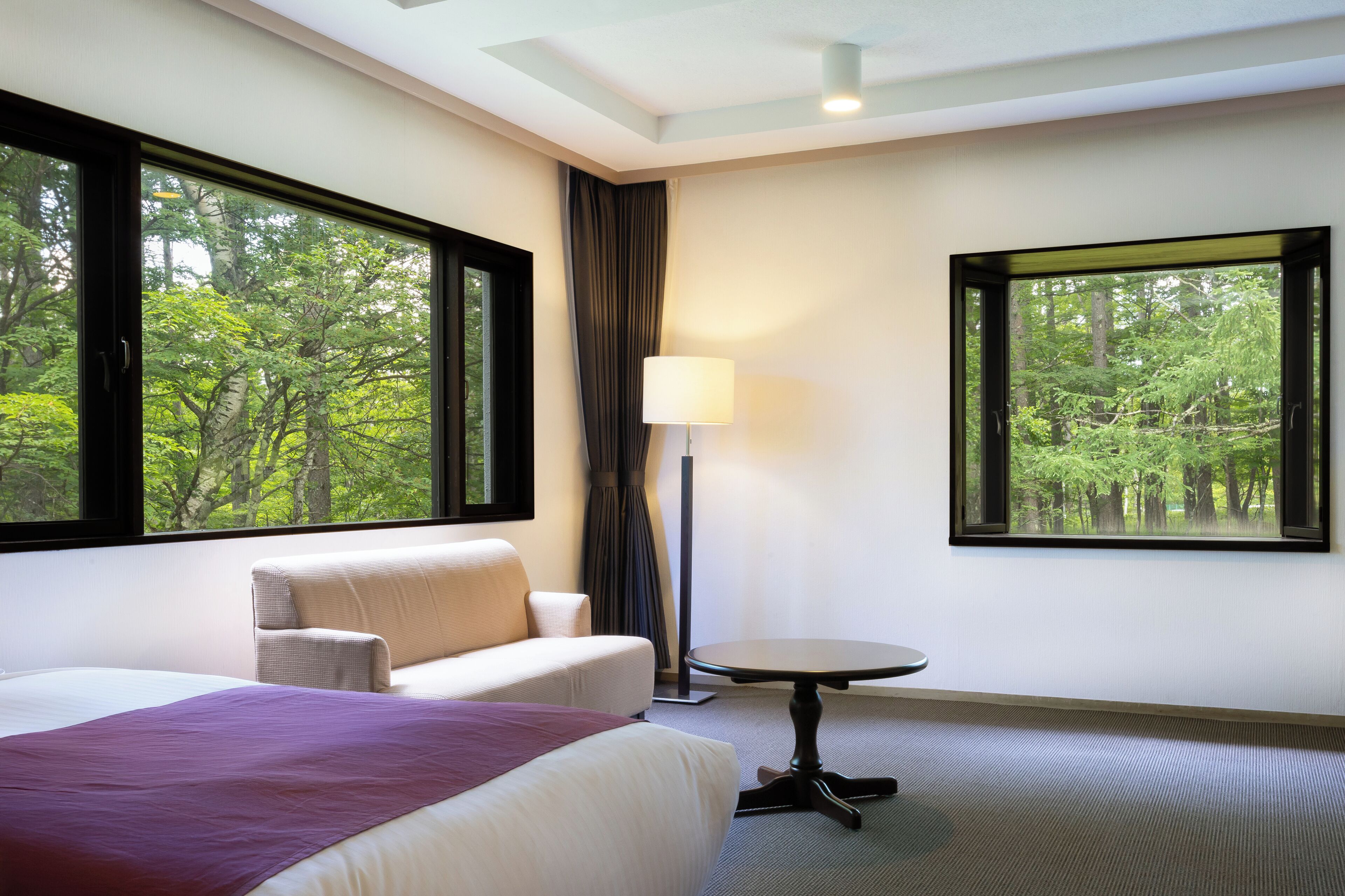 A hotel room with a bed, a sofa, a table, and large windows offering a forest view.