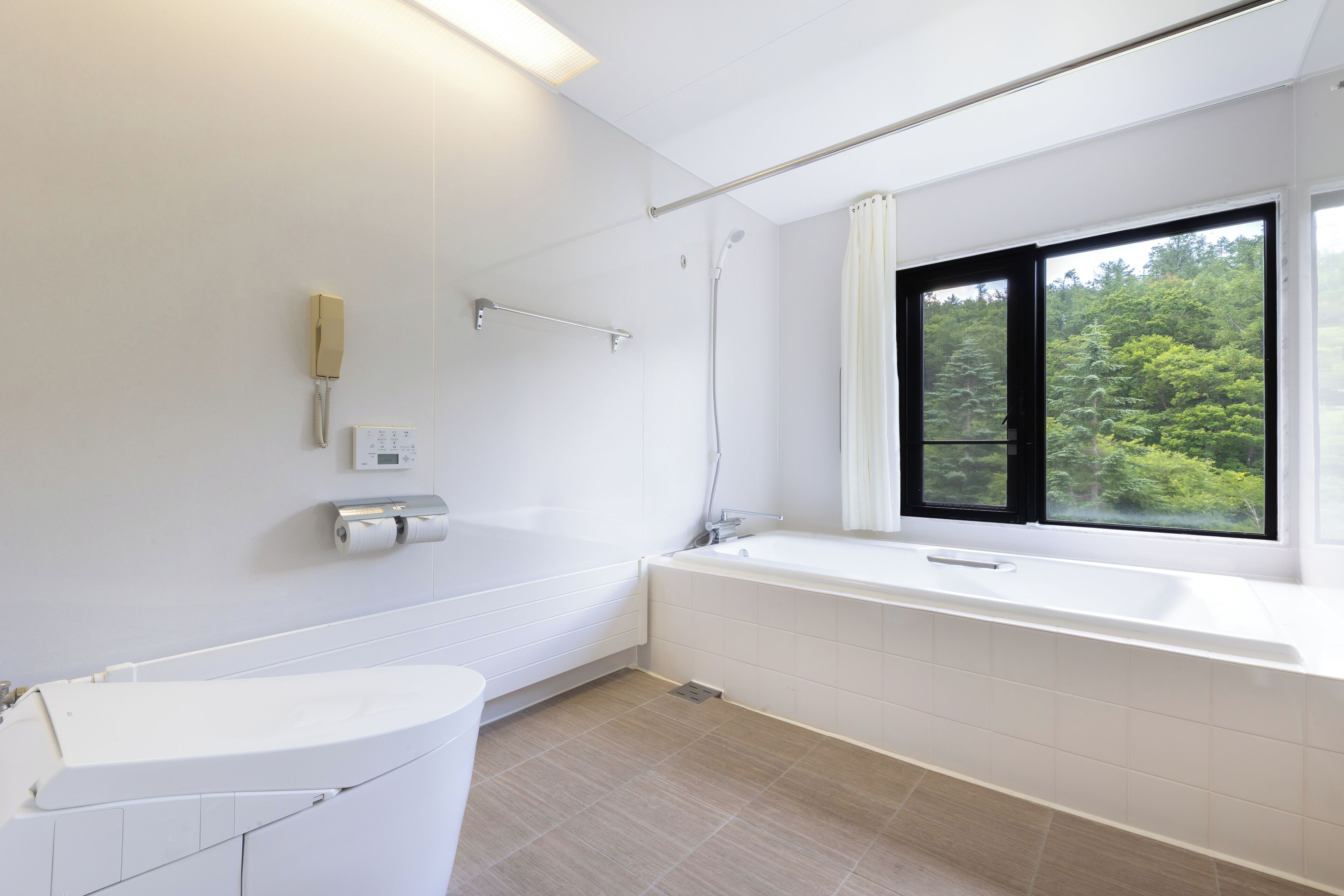 A modern bathroom with a bathtub, a toilet, and a shower.