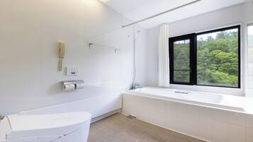 A modern bathroom with a bathtub, a toilet, and a shower.