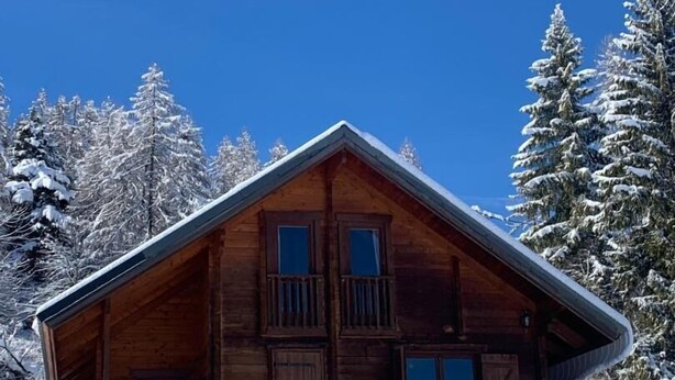 A wooden cabin with a balcony, surrounded by snow-covered trees. - Les Castors - ROUBION (ROUBION)