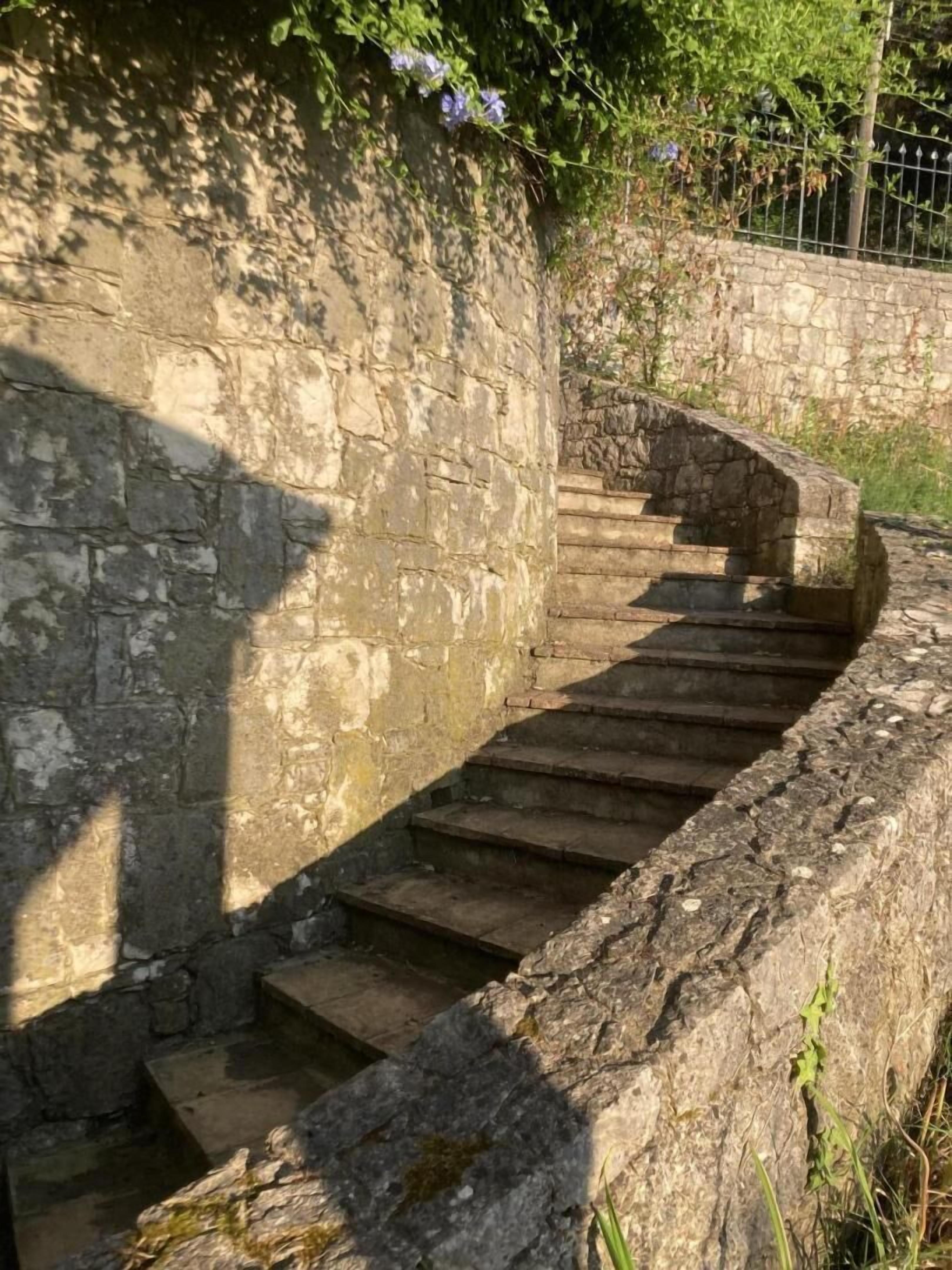 Un escalier en pierre dont les marches descendent, entouré de murs de pierre et de végétation.