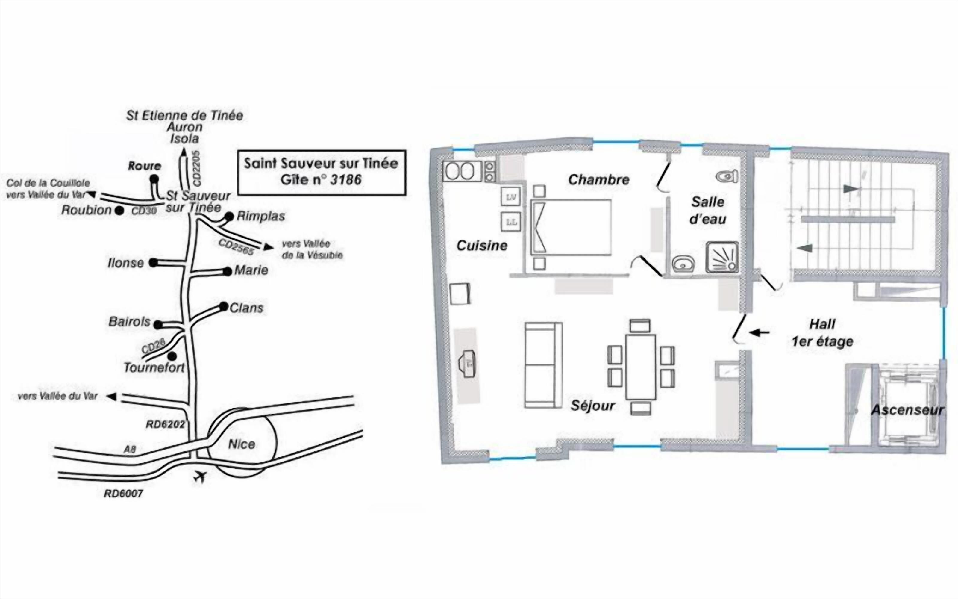 A hotel floor plan with a kitchen, dining area, and a separate bathroom.