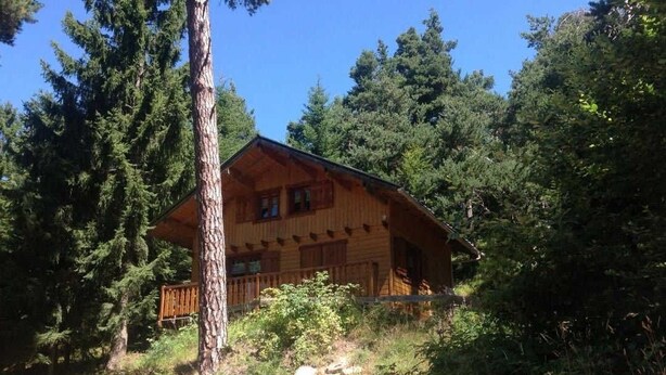 A wooden cabin with a porch, surrounded by dense forest.