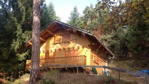 A wooden cabin with a sloped roof, surrounded by trees and a rocky ground.