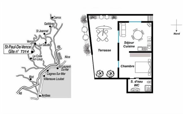 Mapa de Saint-Paul-De-Vence con calles identificadas y plano de una habitación de hotel que incluye terraza, cocina y aseo.
