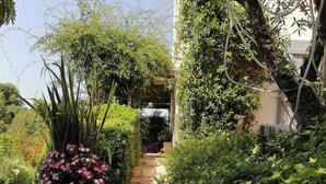 A garden pathway leading to a building entrance, surrounded by lush greenery and flowering plants. - L'Olivier de St Paul (SAINT-PAUL-DE-VENCE)