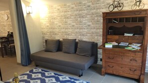 Una habitación con un sofá, un aparador de madera con libros, un tapete estampado y una pared de ladrillo.