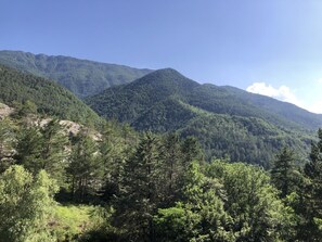 A mountainous landscape with dense forests and a clear sky.