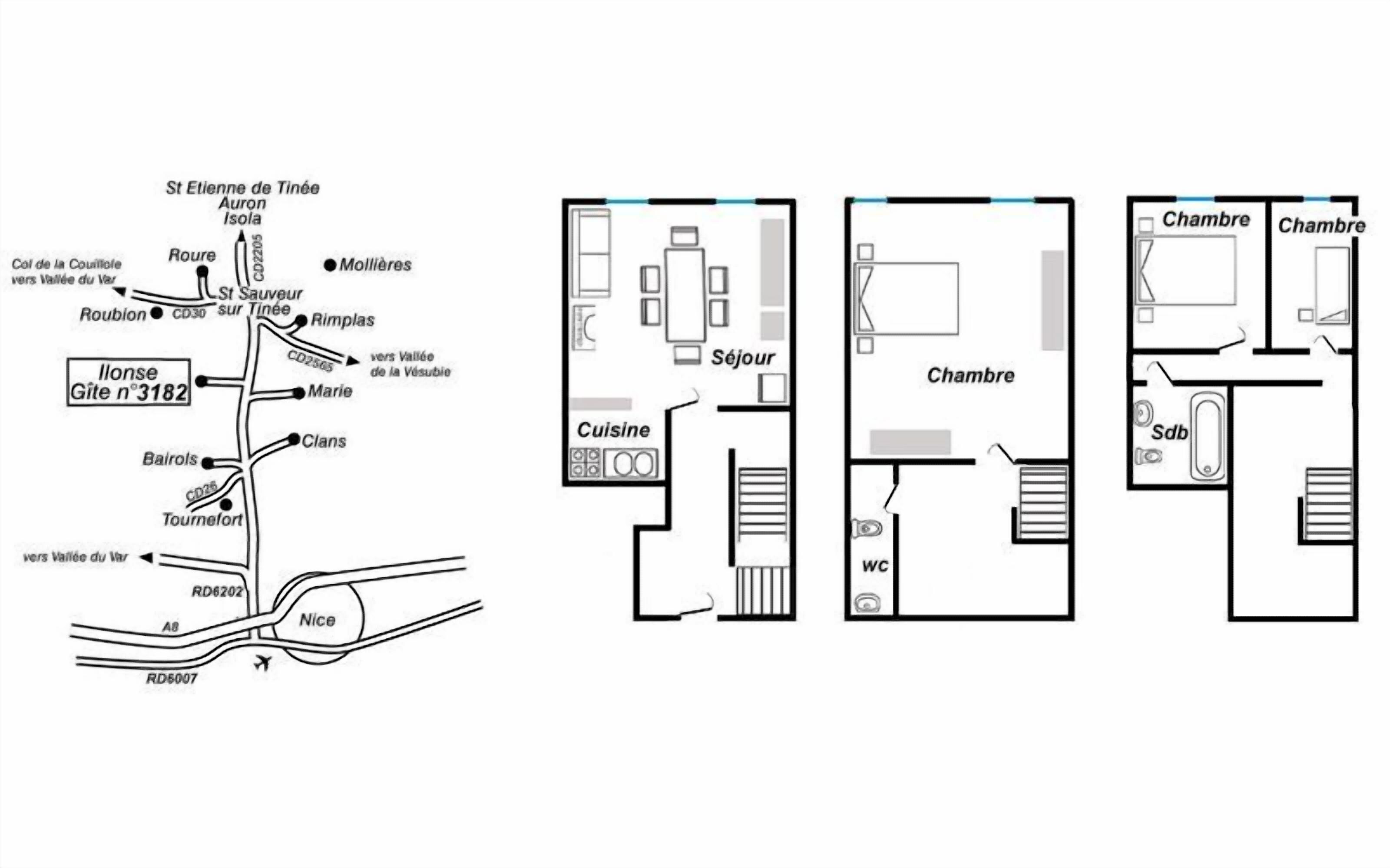 Plano de planta de un hotel con habitaciones y servicios señalados.