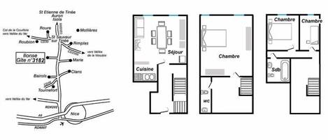 Plano de planta de un hotel con habitaciones y servicios señalados.