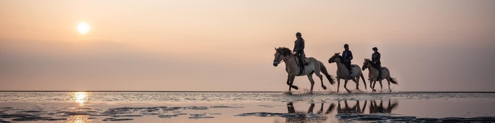 Three people riding horses on a beach at sunset.