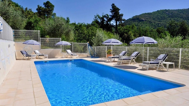A rectangular swimming pool with clear blue water, surrounded by tiled flooring. There are several lounge chairs and umbrellas along the poolside. - Le Palmier - BENDEJUN (BENDEJUN)