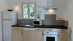 A compact kitchen with a refrigerator, microwave, sink, and oven. - Le Palmier - BENDEJUN (BENDEJUN)
