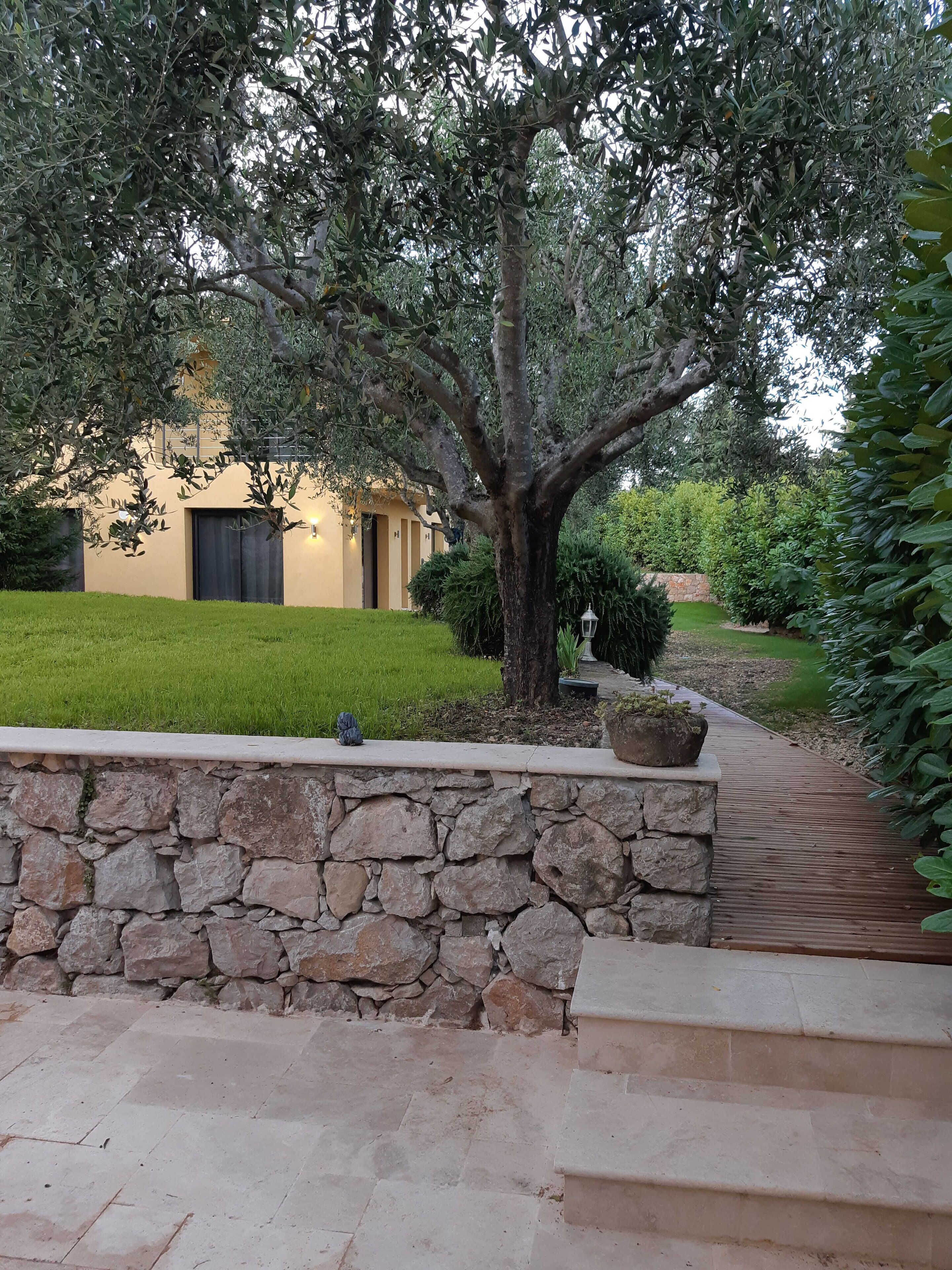 Un muro de piedra, un sendero pavimentado y un edificio con una puerta oscura.